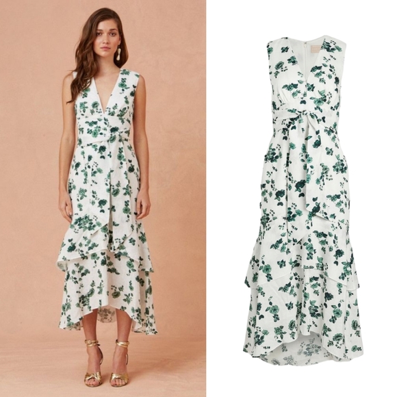 NWT Keepsake Jade Green Floral Ivory White Linen Fallen Dress - Picture 1 of 12
